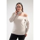 ROXXLEN Kadın Büyük Beden Omuzu Zincirli Bluz Bej, Boğazlı, Omzu açık, Uzun, Belirtilmemiş, Triko görünümlü, Düz, Casual/Günlük, Rahat Kesim