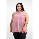 ROXXLEN Kadın Büyük Beden Pliseli Kolsuz Gömlek, Pembe, Gömlek Yaka, Belirtilmemiş, Şifon, Düz, Casual/Günlük, Rahat Kesim