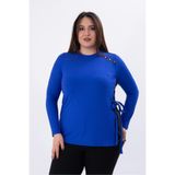 ROXXLEN Kadın Büyük Beden Rivetli-Yanı Tokalı Bluz Saks, Mavi, Bisiklet Yaka, Uzun Kol, Uzun, Triko, Fitilli, Düz, Casual/Günlük, Rahat Kesim