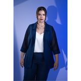 ROXXLEN Kadın Büyük Beden Şifon Kol Blazer Ceket, Lacivert, Ceket Yaka, 3/4 kol, Uzun, Belirtilmemiş, Keten karışımlı, Düz, Şık/Gece, Rahat Kesim