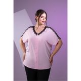 ROXXLEN Kadın Büyük Beden V Yaka Dantelli Bluz, Pembe, Dantel Yaka, Kısa Kol, Kısa, Belirtilmemiş, Düz, Casual/Günlük, Rahat Kesim