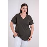 ROXXLEN Kadın Büyük Beden V Yaka Kol Apoletli Bluz, Haki, Kısa Kol, Kısa, Örme, Likralı Penye Süprem, Düz, Casual/Günlük, Rahat Kesim