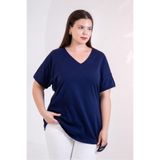 ROXXLEN Kadın Büyük Beden V Yaka Kol Apoletli Bluz, Lacivert, Kısa Kol, Kısa, Örme, Likralı Penye Süprem, Düz, Casual/Günlük, Rahat Kesim