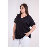 ROXXLEN Kadın Büyük Beden V Yaka Kol Apoletli Bluz, Siyah, Kısa Kol, Kısa, Örme, Likralı Penye Süprem, Düz, Casual/Günlük, Rahat Kesim