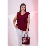 ROXXLEN Kadın Büyük Beden Volanlı Bluz Bordo, V Yaka, Kolsuz, Örme, Aerobin, Düz, Regular, Gündüz/Gece, Rahat Kesim