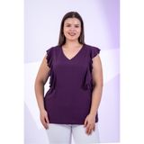 ROXXLEN Kadın Büyük Beden Volanlı Bluz Mor, V Yaka, Kolsuz, Örme, Aerobin, Düz, Regular, Gündüz/Gece, Rahat Kesim