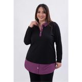 ROXXLEN Kadın Büyük Beden Yakası Zincir Detaylı Bluz Siyah-Mor, Boyundan Bağlamalı, Uzun Kol, Uzun, Örme, Dalgıç/Scuba, Düz, Casual/Günlük, Rahat Kesim