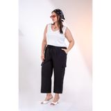 ROXXLEN Kadın Büyük Beden Yan Cepli Bağcıklı Pantolon, Siyah, Belirtilmemiş, Keten, Düz, Casual/Günlük, Rahat Kesim