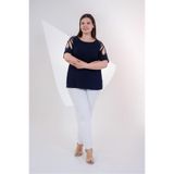 ROXXLEN KadınBüyük Beden Omuz Drop Detaylı Bluz, Lacivert, Geniş Yaka, Kısa Kol, Kısa, Örme, Süprem, Düz, Casual/Günlük, Rahat Kesim