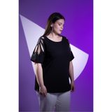 ROXXLEN KadınBüyük Beden Omuz Drop Detaylı Bluz, Siyah, Geniş Yaka, Kısa Kol, Kısa, Örme, Süprem, Düz, Casual/Günlük, Rahat Kesim