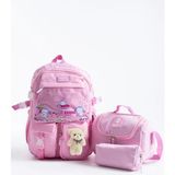 Roxy Kore Kawaii Ayıcıklı Okul Çantası Seti – Sırt Çantası + Beslenme Çantası + Kalemlik - Tek Adet - Pembe