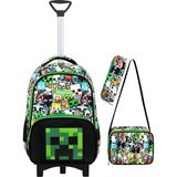 Roxy Mine Creeper Çekçek 3 Lü Ilkokul Çanta Seti - Sabit Çekçek Mekanizması (Katlanır Ön Ayak) - Çekçekli - Siyah - Yeşil - 40 x 20 x 28