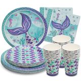 Royal Bluebonnet Deniz Kızı Parti Malzemeleri - 24 - Deniz Kızı Parti Tabakları (19,8 cm ve 9 inç), Kağıt Peçeteler ve Parti Bardakları için Servis - Tek Kullanımlık Küçük Deniz Kızı Doğum Günü