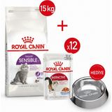 Royal Canin SENSIBLE33- Kuru Kedi Maması 15KG+ Yaş Mama 12*85GR + Çelik Mama - Av Eti