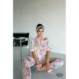 Royal Dreams Kadın Saten Pijama Takımı At Ve Fayton Desenli Kısa Kollu Pembe