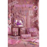 Royal Glow Kore Kawai Şeffaflı Twill Kumaş Gül Kurusu Desenli Kız Çocuk Okul Çantası Termal Beslenme Çantası ve Kalemlik 3lü Set