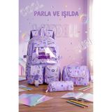 Royal Glow Kore Kawai Şeffaflı Twill Kumaş Lila Desenli Kız Çocuk Okul Çantası Termal Beslenme Çantası ve Kalemlik 3lü Set