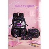 Royal Glow Kore Kawai Şeffaflı Twill Kumaş Siyah Desenli Kız Çocuk Okul Çantası Termal Beslenme Çantası ve Kalemlik 3lü Set
