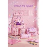 Royal Glow Kore Kawai Şeffaflı Twill Kumaş Toz Pembe Desenli Kız Çocuk Okul Çantası Termal Beslenme Çantası ve Kalemlik 3lü Set