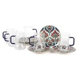 Royal Ikat 6'lı Çay Seti 180ml Cam Bardak ve Tabak | Porselen Tabak, Mavi Saplı Cam, İkat Desen, 6 Kişilik, Mutfak Fincanları