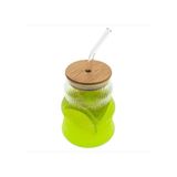 Royal Standart 57855210131132180184975 500Ml Bambu Kapaklı Cam Bardak, Cam Pipetli Silikon Kapak Contalı İnce Çizgi Desenli Sıcak Soğuk İçecekler İçin Kahve Meyve Suları Ve Çayları İçin Ergonomik Şık Tasarım Açık Ahşap