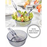 Royaleks Akrilik, Yuvarlak, Servis Kaşığı ve Çatallı Salata Kasesi Servis Sunum Tabağı 23 cm
