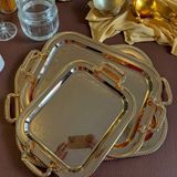 Royalline Lüks Desenli Dikdörtgen Çelik Tepsi Seti - 46 x 33 cm