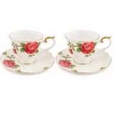 ROYELIA Fine Bone China Kahve Seti 2 Kişilik, Porselen, Güllü Beyaz Desen, Kulplu Fincan