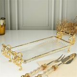 Royking 37×20 cm Gold Ayaklı Cam Sunumluk – Dekoratif Servis Tepsisi - 37*20 cm gold ayaklı servis sunum tabağı - Şeffaf - Gold