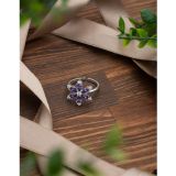Roza Silver 925 Ayar Ametist Taşlı Rodyum Lotus Çiçeği Ayarlanabilir Gümüş Yüzük