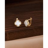 Roza Silver 925 Ayar Beyaz Sedef Taşlı Gold Van Cleef Yonca Gümüş Küpe