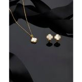 Roza Silver 925 Ayar Beyaz Sedef Taşlı Gold Van Cleef Yonca Kolye Küpe 2'li Gümüş Set-Takım
