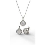 Roza Silver 925 Ayar Beyaz Sedef Taşlı Rodyum Van Cleef Yonca Kolye Küpe 2'li Gümüş Set-Takım