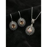 Roza Silver 925 Ayar Gümüş Zultanit Taşlı Elişi Geleneksel Oval Telkari Kolye-Küpe 2'li Set