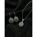 Roza Silver 925 Ayar Gümüş Zümrüt Taşlı Elişi Geleneksel Oval Telkari Kolye-Küpe 2'li Set