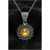 Roza Silver 925 Ayar Kasım Sitrin Doğum Taşı Çiçek Motifli Telkari Gümüş Kolye