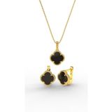 Roza Silver 925 Ayar Oniks Taşlı Gold Van Cleef Yonca Kolye Küpe 2'li Gümüş Set-Takım