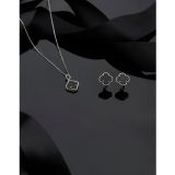 Roza Silver 925 Ayar Oniks Taşlı Rodyum Van Cleef Yonca Kolye Küpe 2'li Gümüş Set-Takım
