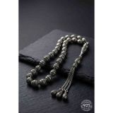 Roza Silver 925 Ayar Oval Kesim 3 Kamçılı Püskül Orta Boy Çizgi Desenli Otantik Gümüş Tesbih