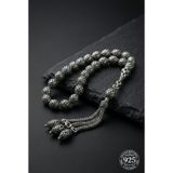 Roza Silver 925 Ayar Oval Kesim 3 Kamçılı Püskül Orta Boy Dama İşlemeli Otantik Gümüş Tesbih