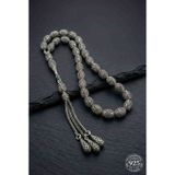 Roza Silver 925 Ayar Oval Kesim 3 Kamçılı Püskül Orta Boy İstiridye Desenli Otantik Gümüş Tesbih