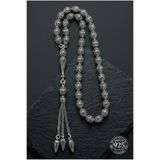 Roza Silver 925 Ayar Oval Kesim 3 Kamçılı Püskül Orta Boy Kafes İşlemeli Otantik Gümüş Tesbih