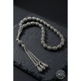 Roza Silver 925 Ayar Oval Kesim 3 Kamçılı Püskül Orta Boy Yonca İşlemeli Otantik Gümüş Tesbih
