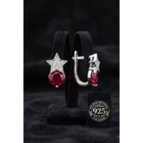Roza Silver 925 Ayar Rodyum Kaplama Zirkon-Yakut Taşlı Tektaş Yıldız Klipsli Gümüş Küpe
