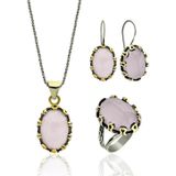 Roza Silver Pembe Kuvars Taşlı Otantik Gümüş Kadın Set