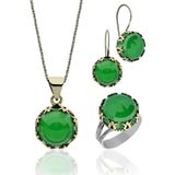 Roza Silver Zümrüt Taşlı Lale Motifli Yuvarlak Otantik Gümüş Kadın Set