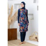 Rozamay 263303 Seneca Jileli Lycra Uzun Kollu Lacivert Dijital Desen Tesettür Mayo
