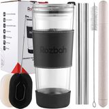 ROZBAH 20oz Premium Yalıtımlı Çift Duvar Cam Bardak - Dökülmeye Dayanıklı - Paslanmaz Çelik Pipetler - Çok Amaçlı Kapak - Boba Çay, Kahve, Meyve Suyu, Smoothies ve Shakes için Yeniden Kullanılabilir