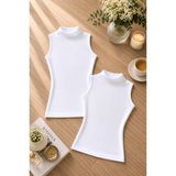 Rozelt Kadın Beyaz Modal Pamuklu Likralı Kolsuz Yarım Balıkçı Yaka 2'li Atlet T-Shirt - XL