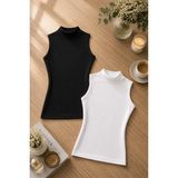 Rozelt Kadın Siyah & Beyaz Modal Pamuklu Likralı Kolsuz Yarım Balıkçı Yaka 2'li Atlet T-Shirt - Çok Renkli - XL